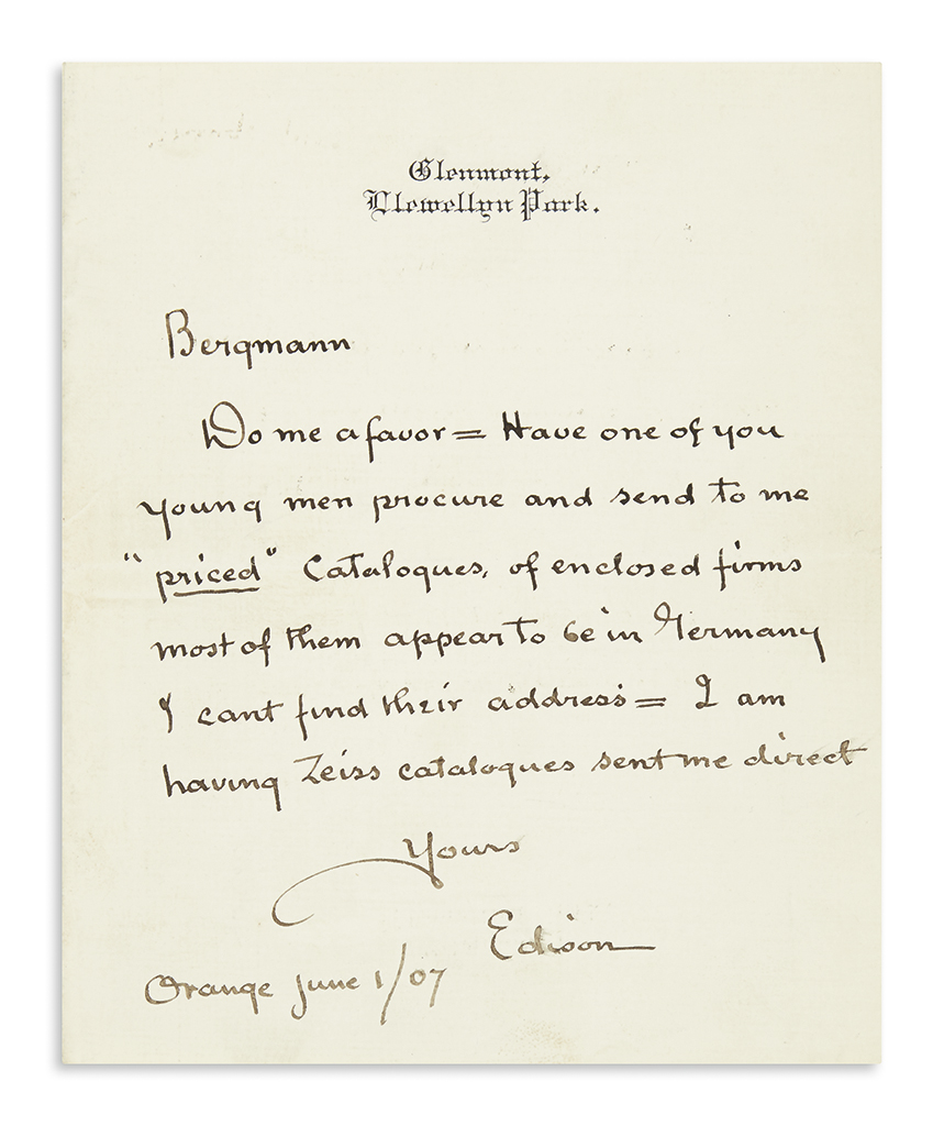 EDISON, THOMAS A. Autograph Letter Signed, Edison, to his associate Sigmund Bergmann (Bergmann),